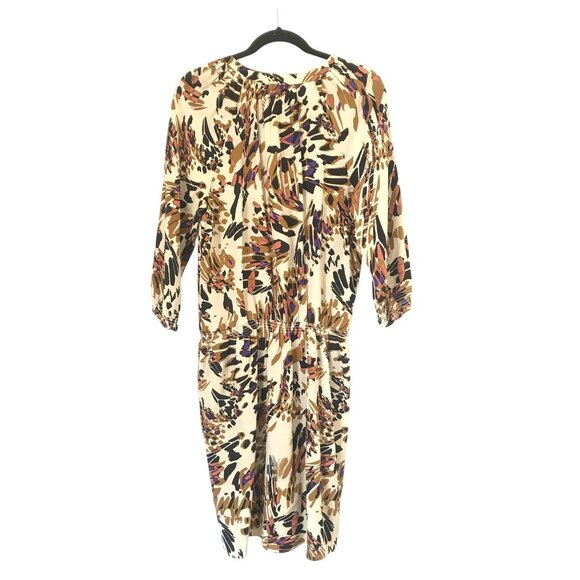 Tibi Abstract Animal Print Silk Dress Elastic Waist 3/4 Sleeves Size 6 Cream - Picture 2 of 11